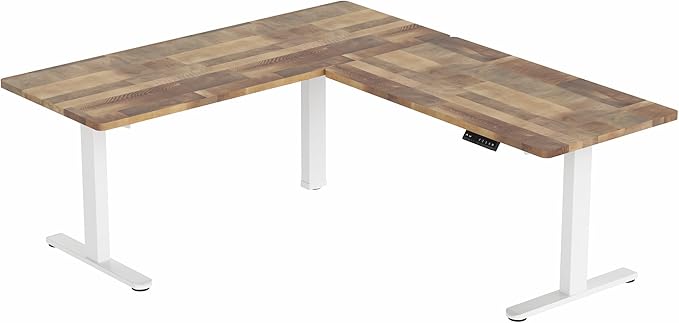 VIVO Electric Height Adjustable 67 x 60 inch Corner Stand Up Desk, 2 Reclaimed Wood Solid Table Tops, White Frame, Memory Controller, L-Shaped Workstation, 3E Series, DESK-KIT-3E6WP