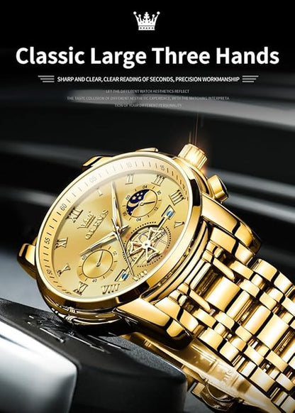 OLEVS Watches Men Waterproof Luxury Big Face Mens Watch Stainless Steel Quartz Analog Dress Watches for Men Luminous Multifunction Man Watch Relojes De Hombre