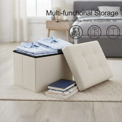 Storage Ottoman,Folding Ottomans with Storage,Linen Ottoman Foot Rest with Pocket,Foot Stool with Thicker Foam Padded for Living Room,Bedroom,Office,Dorm,287 lb Load Capacity,17x13x13in,Beige