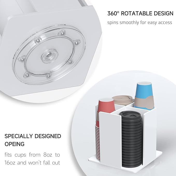 Cup and Lid Holder, 4 Compartment, Square | Rotating Coffee Cup Dispenser Lid Carousel for Restaurant, Buffet, Coffee Station, Bar, Countertop, White Acrylic