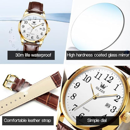 OLEVS Mens Watches Vintage Leather Band Dress Classic Easy Reader Arabic Numerals Analog Quartz Waterproof Date and Day Blue/Black/White Large Face Men's Wrist Watches
