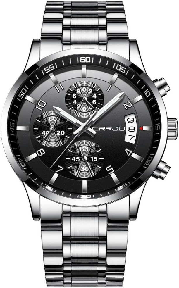 CRRJU Men's Fashion Stainless Steel Watches Date Waterproof Chronograph Wristwatches,Black Steel Band Waterproof Quartz Watch for Men