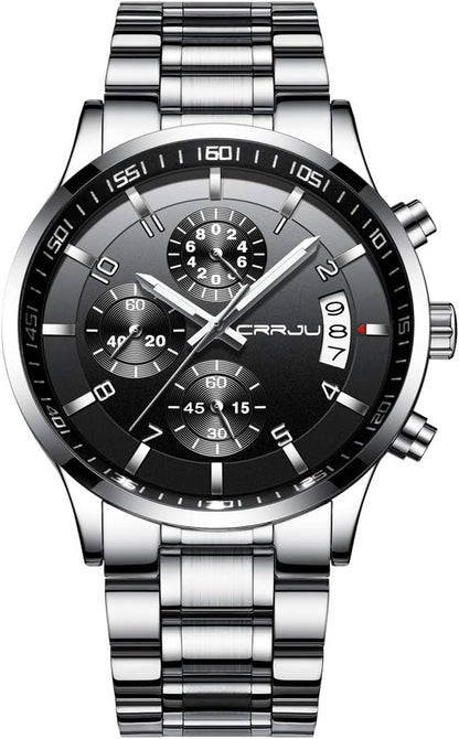 CRRJU Men's Fashion Stainless Steel Watches Date Waterproof Chronograph Wristwatches,Black Steel Band Waterproof Quartz Watch for Men