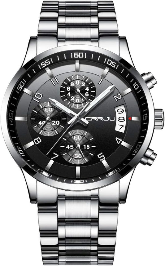 CRRJU Men's Fashion Stainless Steel Watches Date Waterproof Chronograph Wristwatches,Black Steel Band Waterproof Quartz Watch for Men
