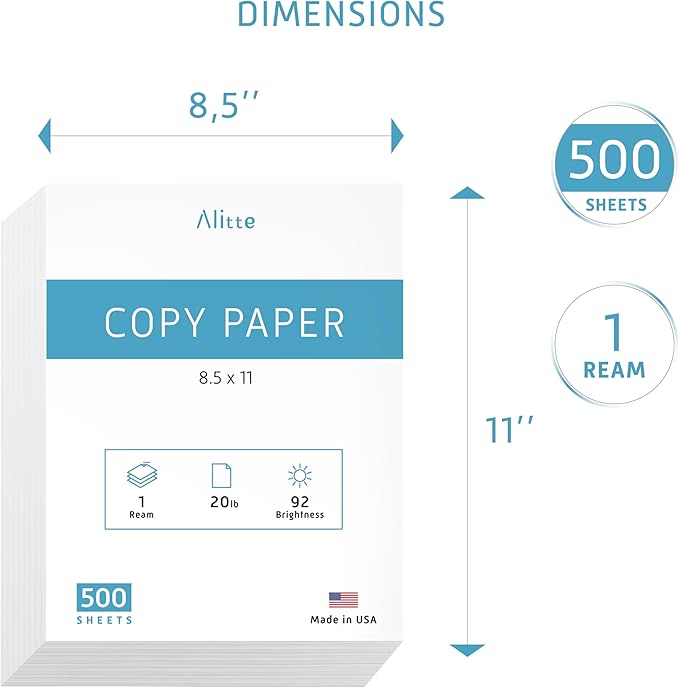 Printer Paper - 8.5 x 11 White Letter Size Copy Paper, 1 Ream 500 Sheets 20 lb Printing Paper for Documents Writing, Drawing, Smooth, 92 Bright | Home, School, Office Supplies | Made in USA