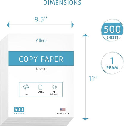 Printer Paper - 8.5 x 11 White Letter Size Copy Paper, 1 Ream 500 Sheets 20 lb Printing Paper for Documents Writing, Drawing, Smooth, 92 Bright | Home, School, Office Supplies | Made in USA