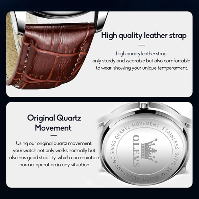 OLEVS Mens Watches Vintage Leather Band Dress Classic Easy Reader Arabic Numerals Analog Quartz Waterproof Date and Day Blue/Black/White Large Face Men's Wrist Watches