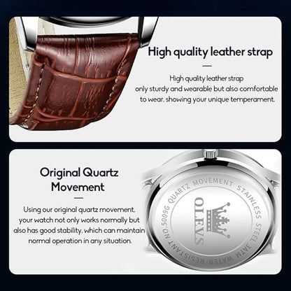 OLEVS Mens Watches Vintage Leather Band Dress Classic Easy Reader Arabic Numerals Analog Quartz Waterproof Date and Day Blue/Black/White Large Face Men's Wrist Watches