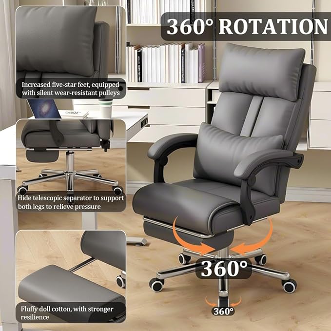 Big and Tall Office Chair, Reclining 330LBS Ergonomic Executive Desk Chair, with Lumbar Support, Silent Wheel, High Back Leather Computer Chair, Comfy Desk Chair for Home Office