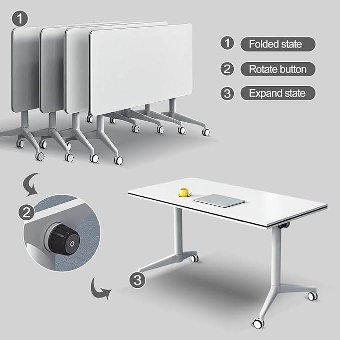 Conference Table, Folding Conference Room Tables on Wheels, Modern Meeting Seminar Table Computer Desk, Boardroom Desk for Office Meeting Conference Room,White,2 Pack 63inch