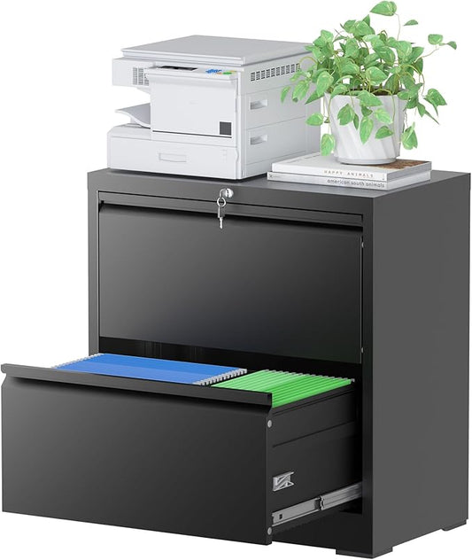 File Cabinets with Lock, 2 Drawer Locking Filing Cabinets for Home Office, Black Metal Heavy Duty Lateral Filie Cabinet for Hanging Letter/Legal/F4/A4 Size Files, Assembly Required