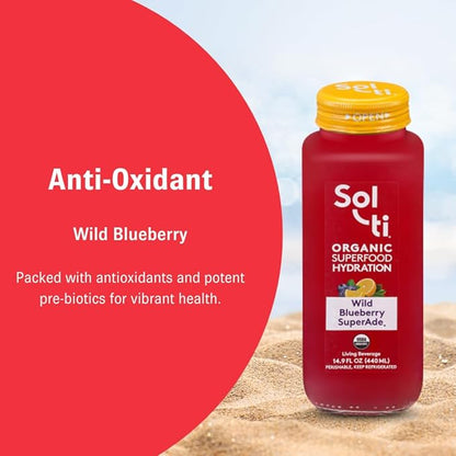 Organic SuperAde Hydration Drink with Powerful Anti-Oxidants, SuperFood Lemonade by Sol-ti, Cold-Pressed Wild Blueberry and Lemon Juice Blend, 16 Pack (14.9 Fl oz)