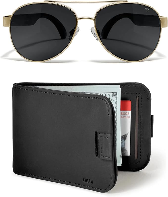 Distil Union Wally Bifold 5.0 Wallet & Maverick Titanium Sunglasses – Slim RFID Leather Wallet & Polarized MagLock Sunglasses Set – Minimalist EDC – Black