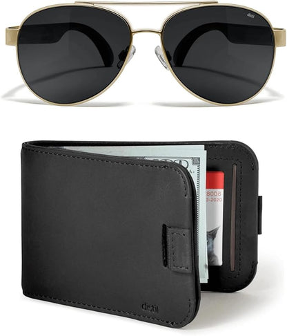 Distil Union Wally Bifold 5.0 Wallet & Maverick Titanium Sunglasses – Slim RFID Leather Wallet & Polarized MagLock Sunglasses Set – Minimalist EDC – Black
