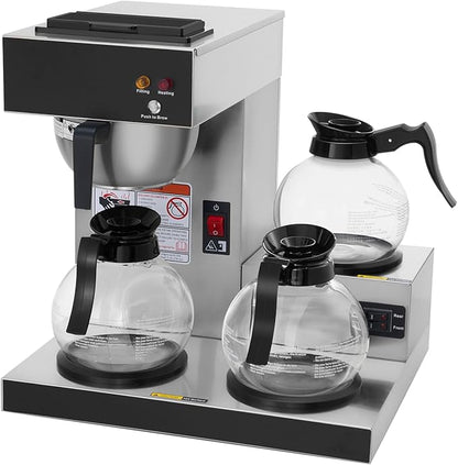SYBO 12-Cup Commercial Coffee Maker, Pour Over Drip Coffee Maker Brewer with 3 Lower Warmers and 3 Glass Decanters, Stainless Steel Cafetera