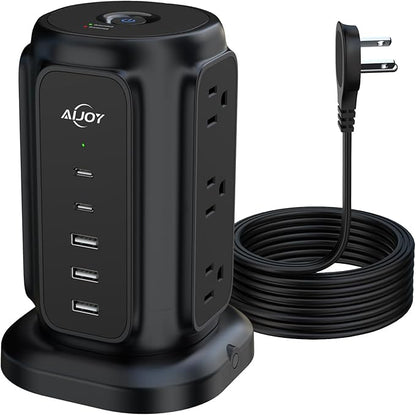 AiJoy Tower Surge Protector Power Strip, 14-Device Charging Station with 9 AC Outlets & 5 USB (2 USB-C), 1200J Surge Protection, 6.5FT Flat Plug Extension Cord, Wide-Spaced Outlets, Individual Switch
