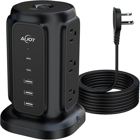 AiJoy Tower Surge Protector Power Strip, 14-Device Charging Station with 9 AC Outlets & 5 USB (2 USB-C), 1200J Surge Protection, 6.5FT Flat Plug Extension Cord, Wide-Spaced Outlets, Individual Switch