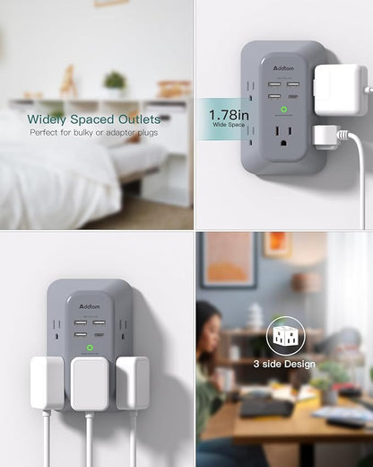 Addtam Surge Protector Outlet Extender, Multi Plug Wall Outlet with 4 USB Ports(1 USB-C), 3-Sided 1800J Power Strip Plug Extension Outlet Splitter, Gray