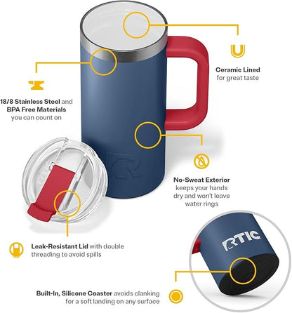 RTIC 16oz Road Trip Travel Mug with Lid and Handle, Ceramic Lined, Insulated, Stainless Steel, Metal, Double Wall Vacuum-Insulation, Portable Coffee, Tea Cup for Hot and Cold Drink, Patriot