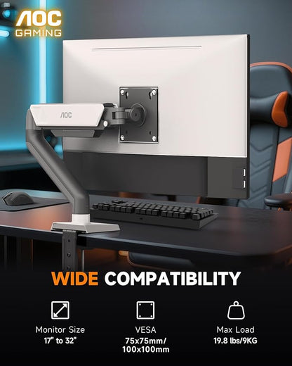 AOC AM102 Single Monitor Stand, Adjustable Monitor Arm Mount for 17–32 Inch Screens, Holds 4.4–19.8 lbs, Cable Management, Sturdy VESA 75x75/100x100 Mount with C-Clamp and Grommet Base