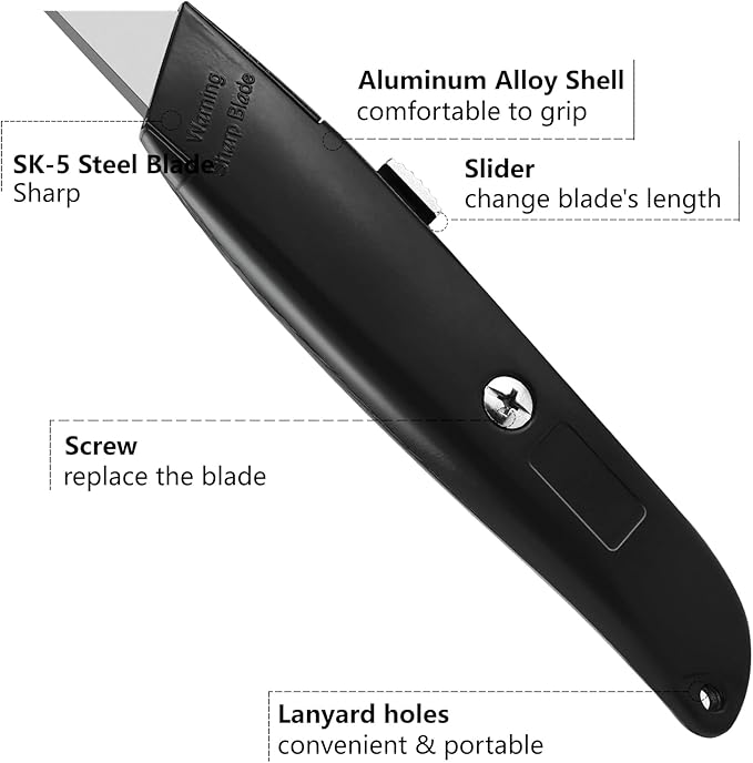 DIYSELF 30 Pack Box Cutter Heavy Duty Aluminium Shell Utility Knife | SK5 Steel Sharp Blade | Retractable Knife for Cutting Cartons Ropes and Cardboard | Home and Office Use (Black)