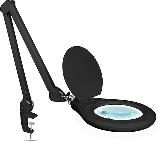 Neatfi Elite Super LED Magnifying Lamp with Clamp, 6” Glass Lens, Dual Magnification, 5D/12D, 6500K, Glare-Free, Nonpolar Dimming, Lamp for Reading, Sewing, Crafting (6 Inch Lens, Black)