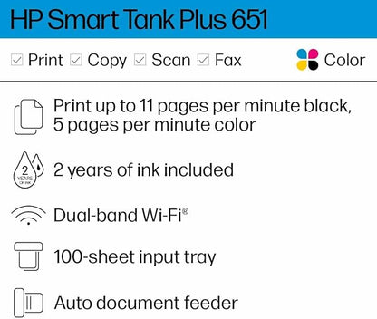 HP Smart Tank Plus 651 Wireless All-in-One Printer, Ink Tank Printer-for-Home Use, up to 2 Years of Ink in Bottles, Auto Document Feeder, Mobile Print, Scan, Copy, Fax (7XV38A)