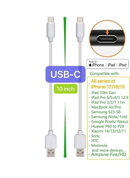 10-Pack Multi Short USB Cables & TypeC-C Cables for Charging Stations Compatible/w iPhone17,16,15, iPhone5-14/ iPads/iPad mini/iPad Pros/Samsung Moblies & Tablets/Pixel & Nexus/HTC/Sony(White)
