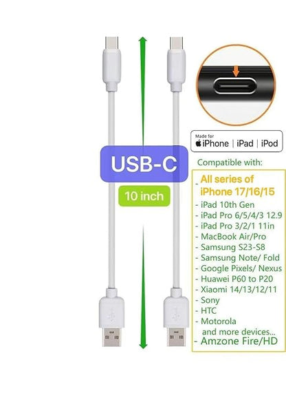 10-Pack Multi Short USB Cables & TypeC-C Cables for Charging Stations Compatible/w iPhone17,16,15, iPhone5-14/ iPads/iPad mini/iPad Pros/Samsung Moblies & Tablets/Pixel & Nexus/HTC/Sony(White)