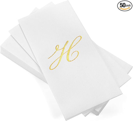 AH AMERICAN HOMESTEAD Disposable Hand Towels for Bathroom 50 Count - Guest Bathroom Essentials -Bathroom Paper Towels - Monogrammed Disposable Napkins - Wedding Napkins in Paper Towel Tray (Gold, H)