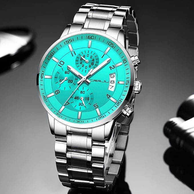CRRJU Men's Fashion Stainless Steel Watches Date Waterproof Chronograph Wristwatches,Black Steel Band Waterproof Quartz Watch for Men