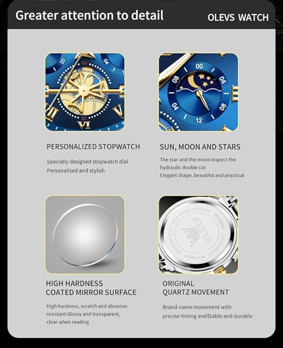OLEVS Watches Men Waterproof Luxury Big Face Mens Watch Stainless Steel Quartz Analog Dress Watches for Men Luminous Multifunction Man Watch Relojes De Hombre