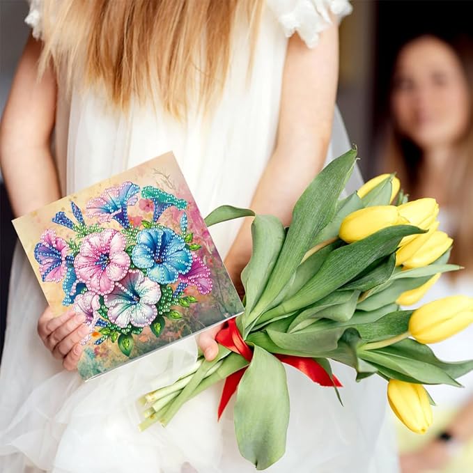 6pcs DIY Bouquet Diamond Art Painting Greeting Cards Kit, Rhinestone Art Holiday Birthday Card Set with Envelopes, DIY Festival Craft for Girlfriend, Christmas Valentine Gift Making Supplies