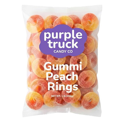 Purple Truck Candy Co. Peach Rings - Soft Chewy Gummy Candy with Delicious Peach Flavor - Allergen-Free Fruit Gummies - Perfect for Parties, Gift Baskets, Candy Buffets, Snacking & Sharing - 1 lb Bag