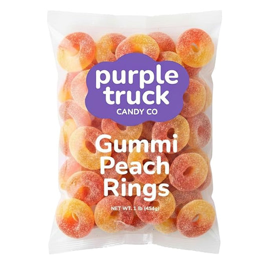 Purple Truck Candy Co. Peach Rings - Soft Chewy Gummy Candy with Delicious Peach Flavor - Allergen-Free Fruit Gummies - Perfect for Parties, Gift Baskets, Candy Buffets, Snacking & Sharing - 1 lb Bag