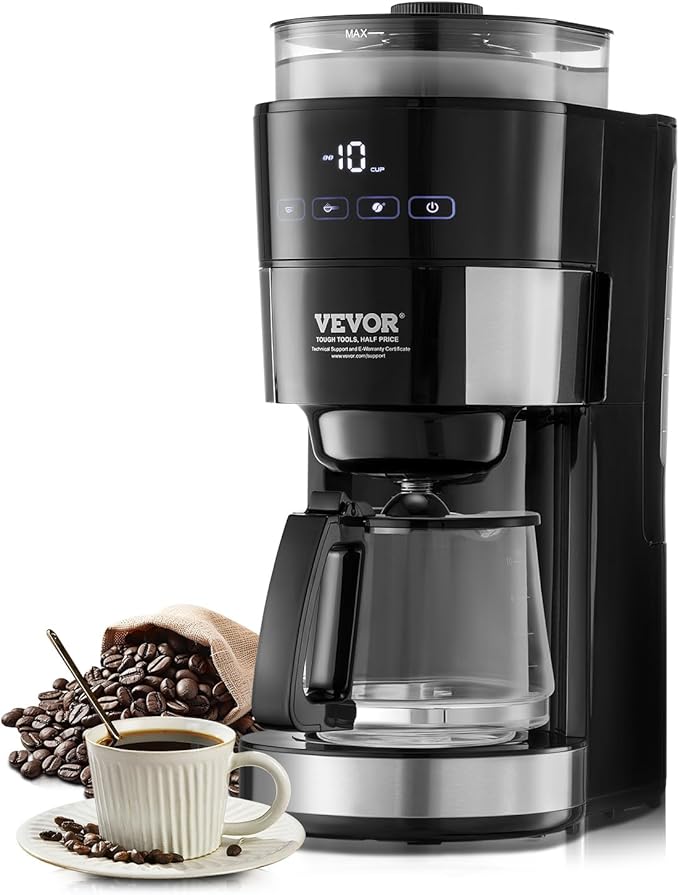 VEVOR Coffee Maker with Grinder, 10 Cup Coffee Machine, Grind and Brew Coffee Maker with 3 Brew Strength Control, Adjustable Grinding Coarseness, for Home Office Restaurant