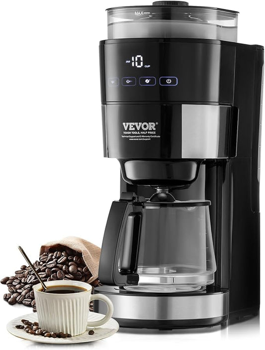 VEVOR Coffee Maker with Grinder, 10 Cup Coffee Machine, Grind and Brew Coffee Maker with 3 Brew Strength Control, Adjustable Grinding Coarseness, for Home Office Restaurant
