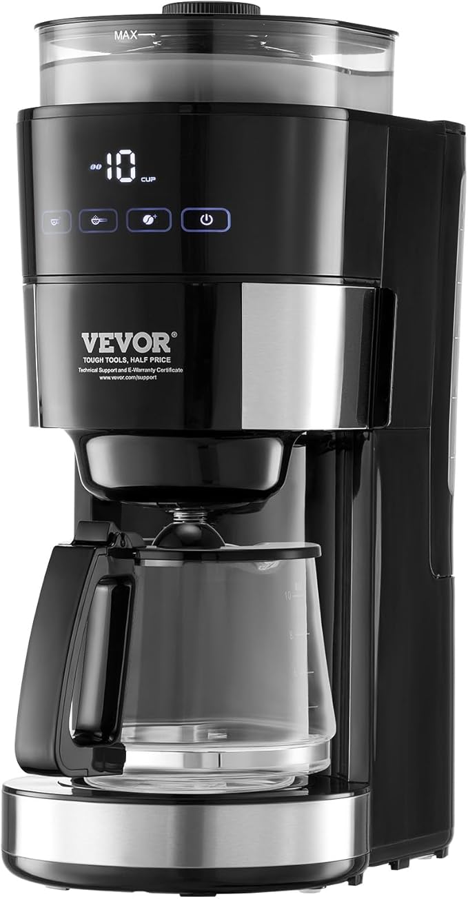 VEVOR Coffee Maker with Grinder, 10 Cup Coffee Machine, Grind and Brew Coffee Maker with 3 Brew Strength Control, Adjustable Grinding Coarseness, for Home Office Restaurant