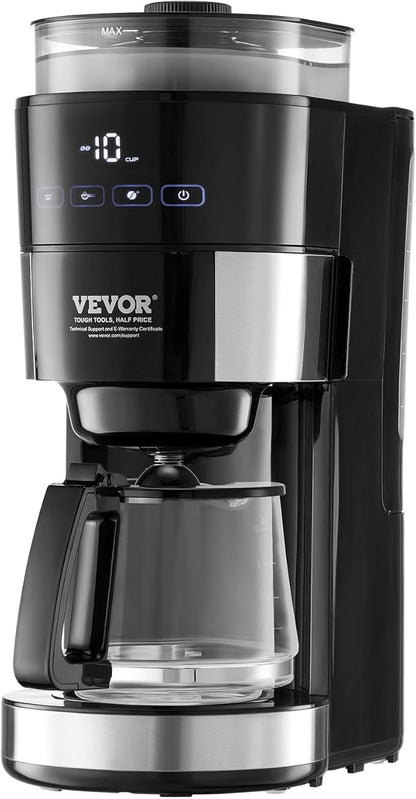 VEVOR Coffee Maker with Grinder, 10 Cup Coffee Machine, Grind and Brew Coffee Maker with 3 Brew Strength Control, Adjustable Grinding Coarseness, for Home Office Restaurant