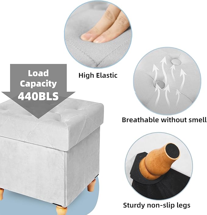 CAROLMADE Folding Storage Ottoman Cube Velvet Footstool with Wood Legs Ottoman Footrest for Living Room and Bedroom, Grey 15"x12.6"x15.4”