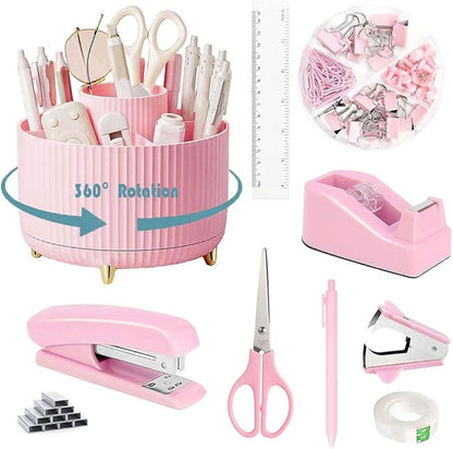 Desk Organizers and Accessories Set with 360-Degree Rotating Pen Holder, Tape Dispenser, Stapler, Staple Remover, 1000 Staples, Tape, Clips Set, Ruler, Scissor, Pen (Pink, 10 Pcs Set)