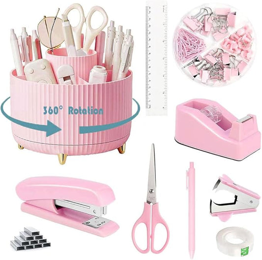 Desk Organizers and Accessories Set with 360-Degree Rotating Pen Holder, Tape Dispenser, Stapler, Staple Remover, 1000 Staples, Tape, Clips Set, Ruler, Scissor, Pen (Pink, 10 Pcs Set)