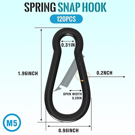 120PCS M5 Spring Snap Hook Carabiner, 2 Inch Small Carabiner Clip, 3/16" Heavy Duty Steel Spring Clip, Quick Link Key Chain for Swing Hammock Gym Outdoor, 200LBS Holding Capacity, Black