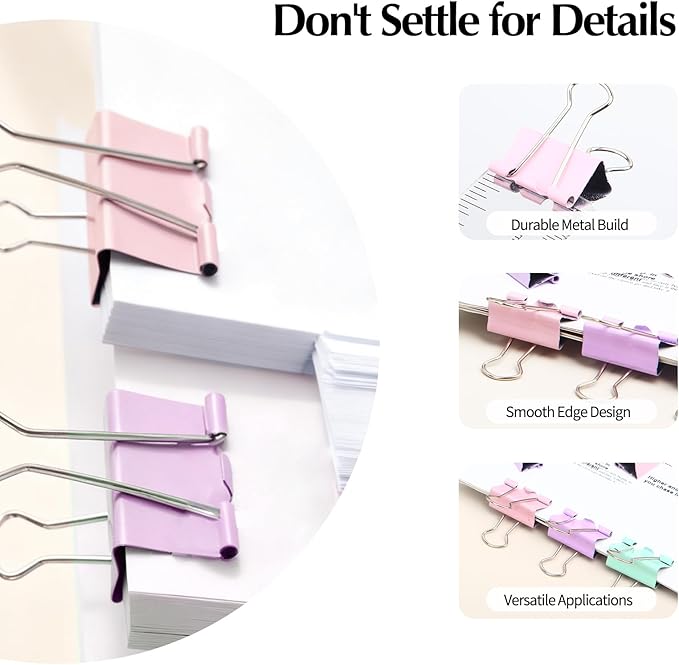 Binder Clips Assorted Sizes, 60 pcs, Morandi Colors, Durable Metal Binder Clips for Office, Cute Desk Supplies for Teachers Student