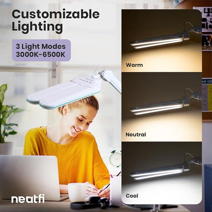 Neatfi Elite HD XL LED Desk Lamp, 3 Light Modes, 90PCS SMD LED, Non-Polar Dimming, Bright Eye-Caring Lighting for Home Office, Drafting, Beauty Shop, Workbench (CCT with Clamp, Blue Ring, 17 Inches)