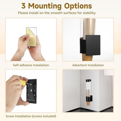 Wall-Mounted Disposable Cup Dispenser, Pull-Type Plastic Cup Holder with Adhesive, Screws & Adsorbent Plate for Water Cooler, Fits 7 oz–12 oz Cups for Home & Office Use
