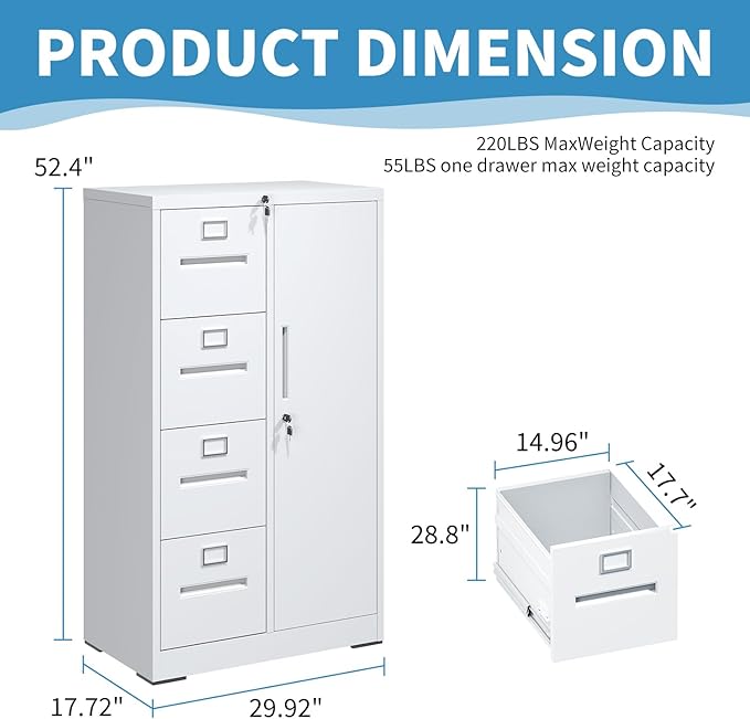 4 Drawer File Cabinet with Lock and 1 Door, Metal Vertical Filing Cabinets for Home Office, Steel Storage Cabinet for Hanging Legal/Letter Size Files, Assembly Required(White)