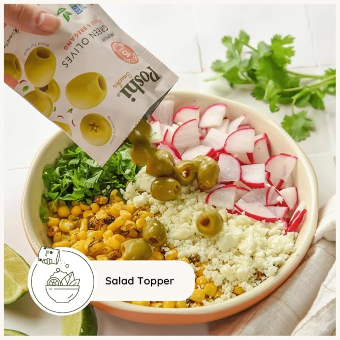 POSHI Green Pitted Olives - Chili & Oregano | Vegan, Kosher, Gluten Free + Keto Friendly, Fresh, All Natural Low Calorie Healthy Snacks | (30 Pack, 1.1oz Bags)
