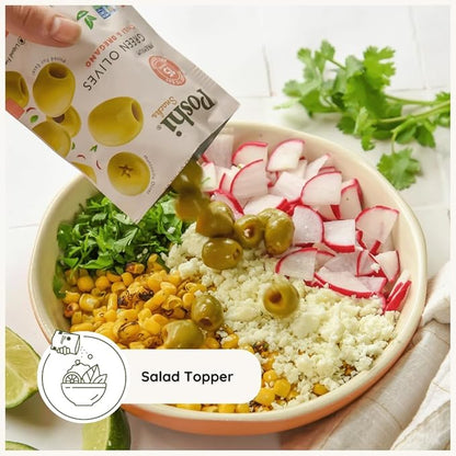 POSHI Green Pitted Olives - Chili & Oregano | Vegan, Kosher, Gluten Free + Keto Friendly, Fresh, All Natural Low Calorie Healthy Snacks | (30 Pack, 1.1oz Bags)