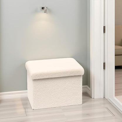 16.5 Folding Storage Ottoman Cube - Small Footrest with Sherpa Top, Multi-Functional Storage for Bedroom, Living Room,White